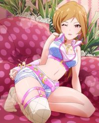 Rule 34 | 10s, 1girl, arm support, artist request, belt, card (medium), crop top, feet, idolmaster, idolmaster million live!, jewelry, jpeg artifacts, long hair, midriff, million dreams (idolmaster), momose rio, navel, necklace, no shoes, official art, one eye closed, orange hair, purple eyes, single thighhigh, thighhighs, wink