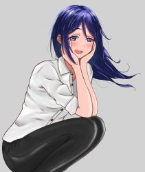 Rule 34 | 1girl, alternate hairstyle, artist name, artist request, black pants, blue hair, blush, collarbone, collared shirt, elbow on knee, female focus, floating hair, grey background, hair between eyes, hair down, hand on own cheek, hand on own face, highres, kneeling, long hair, looking at viewer, love live!, love live! sunshine!!, matsuura kanan, pants, parted lips, purple eyes, shirt, short sleeves, smile, solo, squatting, wavy hair, white shirt, wing collar