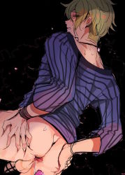 Rule 34 | 1boy, amami rantaro, anus, ass, black background, bottomless, bracelet, chastity cage, clenched teeth, danganronpa (series), danganronpa v3: killing harmony, green hair, highres, jewelry, looking at viewer, looking back, male focus, nape, orutsu, perineum, shirt, simple background, solo, spread anus, striped clothes, striped shirt, teeth, testicles