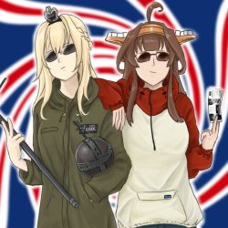 Rule 34 | 10s, 2girls, ahoge, alternate costume, arm on another&#039;s shoulder, bad id, bad pixiv id, blonde hair, braid, brown hair, casual, crown braid, french braid, headgear, highres, jacket, kantai collection, kongou (kancolle), multiple girls, oasis (band), sally wasabi, scepter, sidelocks, sunglasses, sweater, the beatles, ticket, warspite (kancolle)