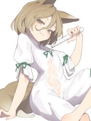 Rule 34 | 1girl, :3, animal ears, brown eyes, brown hair, closed mouth, dress, garasuno, highres, holding, holding test tube, kudamaki tsukasa, looking at viewer, pouring, pouring onto self, short hair, short sleeves, simple background, sitting, smile, smirk, solo, tail, test tube, wet, wet clothes, wet dress, white background, white dress