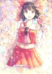 Rule 34 | 1girl, ascot, bad id, bad pixiv id, bare shoulders, black hair, bow, cherry blossoms, detached sleeves, frills, hair bow, hair tubes, hakurei reimu, highres, midriff, miniskirt, navel, petals, pleated skirt, shinigami (pixiv4727902), sidelocks, skirt, sleeves past wrists, smile, solo, thighhighs, touhou, wide sleeves, zettai ryouiki