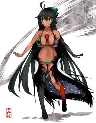 Rule 34 | 1girl, adapted costume, ahoge, aoshima, arms at sides, asymmetrical clothes, asymmetrical footwear, asymmetrical legwear, between breasts, bikini, black eyes, black gloves, black hair, black thighhighs, boots, bow, breasts, cape, collarbone, dark-skinned female, dark skin, elbow gloves, feathers, full body, gloves, gluteal fold, hair between eyes, hair bow, highres, large breasts, long hair, looking away, mismatched footwear, navel, outstretched arms, red eyes, reiuji utsuho, single boot, single glove, single thighhigh, skindentation, slit pupils, smile, solo, stomach, swimsuit, thighhighs, third eye, touhou, underboob, uneven legwear, very long hair