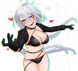 Rule 34 | 1girl, :d, bikini, black bikini, black gloves, blush, breasts, cleavage, darkpulsegg, fate/grand order, fate (series), gloves, grey background, heart, highres, jeanne d&#039;arc alter (fate), jeanne d&#039;arc alter (swimsuit berserker) (fate), large breasts, long hair, navel, open mouth, simple background, smile, solo, swimsuit, teeth, white background, yellow eyes, zoom layer