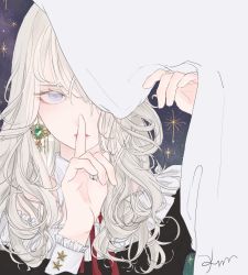 Rule 34 | 1girl, black dress, commentary request, detached collar, dress, earrings, eveyeil, finger to mouth, frilled dress, frilled sleeves, frills, hair over one eye, highres, jewelry, long hair, looking at viewer, original, shushing, solo, star (symbol), starry background, upper body, white hair