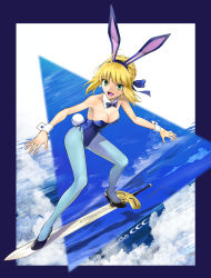 Rule 34 | 1girl, ahoge, alternate costume, animal ears, artoria pendragon (all), artoria pendragon (fate), bare shoulders, blonde hair, blue footwear, blue leotard, blue pantyhose, blue ribbon, bow, bowtie, braid, breasts, cleavage, collarbone, detached collar, excalibur (fate/stay night), fake animal ears, fate/stay night, fate (series), french braid, green eyes, hair between eyes, hair ribbon, high heels, highleg, highleg leotard, leotard, long hair, looking at viewer, medium breasts, open mouth, pantyhose, playboy bunny, rabbit ears, rabbit tail, ribbon, saber (fate), shirotsumekusa, sidelocks, smile, solo, strapless, strapless leotard, surfing, sword, tail, weapon, wrist cuffs