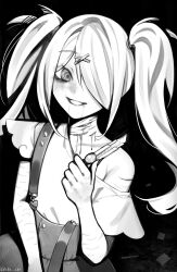 Rule 34 | 1girl, @ @, ame-chan (needy girl overdose), black background, bleeding, blood, boxcutter, commentary, crazy smile, cuts, greyscale, hair ornament, hair over one eye, highres, holding, holding boxcutter, injury, jirai kei, long hair, looking at viewer, monochrome, needy girl overdose, pill, saliva, scar, scar on arm, scar on neck, self-harm, shirt, single bare shoulder, skirt, smile, solo, suspender skirt, suspenders, twintails, upper body, vialle, x hair ornament