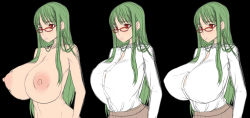 Rule 34 | 1girl, breasts, glasses, green hair, highres, huge breasts, impossible clothes, impossible shirt, kloah, nipples, otsuka ren, red eyes, shirt, solo