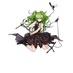 Rule 34 | &gt;:(, 1girl, alternate costume, bare shoulders, black dress, black footwear, black gloves, blush, boots, clenched teeth, damaged, dress, fingerless gloves, frown, full body, girls&#039; frontline, gloves, green hair, hair between eyes, holding, holding microphone, infukun, kneeling, long hair, m950a (concert diva!) (girls&#039; frontline), m950a (girls&#039; frontline), microphone, microphone stand, official alternate costume, official art, open mouth, out of frame, sidelocks, solo focus, striped clothes, striped gloves, teeth, transparent background, twintails, v-shaped eyebrows