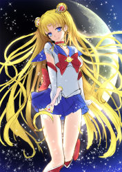 Rule 34 | 10s, 1girl, bad id, bad pixiv id, bishoujo senshi sailor moon, bishoujo senshi sailor moon crystal, blonde hair, blue eyes, blue sailor collar, blue skirt, bow, crescent moon, elbow gloves, gloves, impossible clothes, leg up, light particles, long hair, looking at viewer, miniskirt, moon, pleated skirt, red bow, sailor collar, sailor moon, school uniform, serafuku, short sleeves, sketch, skirt, smile, solo, standing, toshi (1-147), tsukino usagi, twintails, very long hair, white gloves