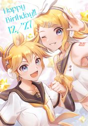 Rule 34 | 1boy, 1girl, :d, black sailor collar, black sleeves, blonde hair, blue eyes, bow, brother and sister, collared shirt, crop top, detached sleeves, grin, hair bow, hair ornament, hairclip, happy birthday, headphones, kagamine len, kagamine rin, looking at viewer, midriff, nanase (nns 6077), navel, neckerchief, necktie, one eye closed, open mouth, sailor collar, sailor collar lift, sailor shirt, shirt, short hair, short sleeves, siblings, sleeveless, sleeveless shirt, smile, stomach, swept bangs, vocaloid, white bow, white shirt, yellow neckerchief