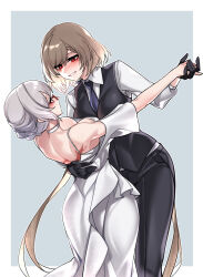 Rule 34 | 2girls, absurdres, black gloves, black necktie, black pants, black vest, blush, braid, breasts, brown hair, collared shirt, commentary, commentary request, commission, cowboy shot, dancing, dogs (dlrkdejr26), dress, english commentary, french braid, girls&#039; frontline, gloves, grey background, highres, inset border, kord (girls&#039; frontline), korean commentary, large breasts, long hair, looking at another, mixed-language commentary, multiple girls, necktie, original, pants, parted lips, red eyes, shirt, short hair, simple background, smile, two-tone background, vest, white dress, white hair, white shirt
