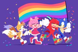 Rule 34 | amy rose, artist name, asexual flag, bisexual flag, blue eyes, blue fur, closed eyes, confetti, dress, flag, gay male pride flag, gloves, green eyes, happy, headband, highres, intersex flag, knuckles the echidna, leg up, lesbian flag, lgbt pride, lou lubally, march, multicolored fur, multiple boys, multiple girls, one eye closed, open mouth, pink fur, purple background, rainbow flag, red fur, shoes, signature, simple background, sleeveless, smirk, sonic (series), sonic the hedgehog, sparkle, tails (sonic), teeth, tongue, transgender flag, walking, white fur, wristband, yellow fur