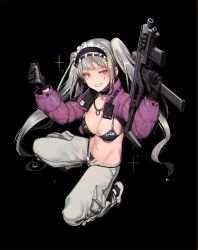 Rule 34 | 1girl, :d, bikini, black background, black bikini, black choker, breasts, brown eyes, choker, cleavage, coat, collarbone, commentary request, cross, cross facial mark, earrings, facial mark, flower, frilled hairband, frills, glock, grey pants, grin, gun, hairband, handgun, highres, holding, holding gun, holding weapon, ihobus, jewelry, large breasts, long hair, looking at viewer, looking back, maid headdress, necklace, open fly, open mouth, open pants, original, pants, purple coat, silver hair, simple background, smile, smoke grenade, solo, sparkle, squatting, swimsuit, teeth, twintails, very long hair, weapon, weapon request, white footwear