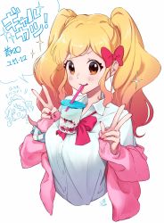 Rule 34 | 2girls, aikatsu! (series), aikatsu stars!, alternate breast size, blonde hair, blush, blush stickers, bow, bowtie, breasts, bubble tea, bubble tea challenge, cardigan, character name, chibi, chibi inset, collared shirt, commentary request, cropped torso, cup, disposable cup, double v, drink, drinking straw, drinking straw in mouth, gyaru, hair bow, highres, kogal, long sleeves, loose bowtie, medium breasts, multiple girls, nail polish, nijino yume, object on breast, open cardigan, open clothes, pink bow, pink cardigan, pink hair, sakuraba rola, scrunchie, shirt, signature, sleeves past wrists, supersaiazin-kanako, translation request, twintails, v, white shirt, wrist scrunchie