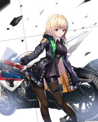 Rule 34 | 1girl, absurdres, bad id, bad pixiv id, black pantyhose, black shirt, black shorts, blonde hair, blue eyes, breasts, cup6542, hair between eyes, highres, holding, holding sword, holding weapon, katana, leaning to the side, long hair, medium breasts, motor vehicle, motorcycle, original, pantyhose, pantyhose under shorts, shirt, short shorts, shorts, smile, solo, standing, sword, weapon