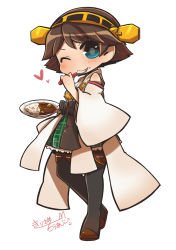 Rule 34 | 10s, 1girl, bad id, bad pixiv id, blue eyes, brown hair, curry, curry rice, detached sleeves, eating, food, food on face, hairband, heart, hiei (kancolle), highres, japanese clothes, kantai collection, looking at viewer, nontraditional miko, one eye closed, pantyhose, rice, rice on face, same anko, short hair, simple background, solo, spoon, thighhighs, utensil in mouth, white background, wide sleeves