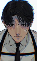 Rule 34 | 1boy, black eyes, black hair, body straps, chainsaw man, collared shirt, curtained hair, ear piercing, formal, glitch, highres, kishibe (chainsaw man), kishibe (young) (chainsaw man), necktie, piercing, shirt, short hair, simple background, solo, suit, ufufuahaha okg, white background, white shirt