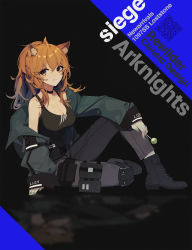 Rule 34 | 1girl, animal ears, arknights, arm support, bare shoulders, black background, black choker, black footwear, black pants, black tank top, blue background, boots, breasts, brown eyes, brown hair, candy, character name, choker, cleavage, copyright name, food, green nails, grey jacket, hair between eyes, highres, holding, holding food, jacket, knee up, large breasts, lion ears, lollipop, long hair, long sleeves, looking at viewer, mongarit, nail polish, off shoulder, official alternate costume, pants, qr code, siege (arknights), siege (legacy) (arknights), solo, tank top, two-tone background