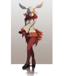 Rule 34 | 1girl, absurdres, artist name, bird girl, bird tail, bird wings, blunt bangs, border, closed mouth, crossed legs, empty eyes, full body, fur collar, gloves, gradient background, hand up, head wings, highres, holding, holding microphone, japanese crested ibis (kemono friends), kemono friends, light smile, long hair, long sleeves, looking at viewer, microphone, miniskirt, multicolored hair, orange skirt, outside border, outstretched arm, pantyhose, pleated skirt, reborns, red gloves, red hair, red pantyhose, shirt, shoes, skirt, solo, spread wings, standing, tail, v, white border, white hair, white shirt, wings, yellow eyes
