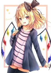 Rule 34 | 1girl, :d, alternate costume, black bow, black thighhighs, blonde hair, blue jacket, blush, bow, casual, character name, collarbone, commentary request, contemporary, cowboy shot, crystal, flandre scarlet, hair bow, hair ornament, hand up, heart, jacket, jewelry, long hair, long sleeves, looking at viewer, no headwear, no pants, open clothes, open jacket, open mouth, pendant, pink shirt, red eyes, renka (cloudsaikou), shirt, smile, solo, standing, striped clothes, striped shirt, thighhighs, thighs, touhou, white background, wings, zettai ryouiki