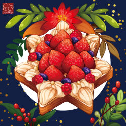 Rule 34 | artist logo, blueberry, branch, christmas, flower, food, food focus, fruit, highres, icing, leaf, no humans, original, pastry, red flower, strawberry, yuki00yo