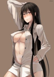Rule 34 | 1girl, absurdres, black hair, blush, breasts, center opening, dress shirt, covered erect nipples, female focus, hagoromo gitsune, hand on own hip, hand on own head, highres, large breasts, long hair, naked shirt, noccu, nurarihyon no mago, shirt, solo, unbuttoned, very long hair