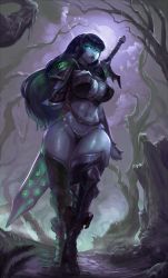 Rule 34 | blue eyes, blue skin, boots, breasts, cleavage, cloud, colored skin, curvy, cutesexyrobutts, glowing, glowing eyes, green hair, highres, large breasts, lips, long hair, looking to the side, moon, narrow waist, navel, night, original, skindentation, sword, thick thighs, thighs, tree, weapon