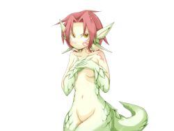 Rule 34 | 1girl, animal ears, blush, bmp-to-png conversion, breasts, closed mouth, collarbone, colored skin, completely nude, covering breasts, covering privates, cowboy shot, dragon ears, dragon girl, dragon tail, facial tattoo, fins, frfr, game cg, granberia, green skin, hair intakes, head fins, light frown, looking up, medium breasts, mon-musu quest!, monster girl, navel, neck tattoo, no pussy, non-web source, nude, pointy ears, red hair, scales, short hair, simple background, solo, sweatdrop, tail, tattoo, transparent background, v-shaped eyebrows, yellow eyes, yellow skin