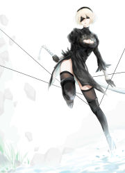 Rule 34 | 1girl, black dress, black footwear, black gloves, black hairband, blindfold, boots, cleavage cutout, clothing cutout, covered eyes, dress, feather-trimmed sleeves, gloves, hahafish, hairband, highleg, highleg leotard, highres, holding, holding sword, holding weapon, juliet sleeves, leotard, long sleeves, looking at viewer, mole, mole under mouth, nier (series), nier:automata, pink lips, puffy sleeves, ribbed dress, silver hair, solo, sword, thigh boots, thighhighs, thighhighs under boots, vambraces, weapon, 2b (nier:automata)