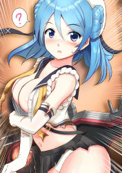 Rule 34 | 1girl, ?, areola slip, arm under breasts, beret, blue eyes, blue hair, blush, breasts, double bun, elbow gloves, gloves, hair bun, hat, hhh (wave), kantai collection, large breasts, looking at viewer, navel, neckerchief, no bra, open mouth, panties, pleated skirt, rigging, sailor hat, school uniform, serafuku, skirt, sleeves rolled up, spoken question mark, torn clothes, underwear, urakaze (kancolle), white gloves, white hat, yellow neckerchief