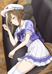 Rule 34 | 1girl, animal ears, back bow, bow, brown hair, cheval grand (umamusume), closed eyes, closed mouth, commentary request, couch, ear covers, hair between eyes, highres, horse ears, horse girl, horse tail, mimimimitsuha, multicolored hair, on couch, petticoat, pillow, pleated skirt, puffy short sleeves, puffy sleeves, purple shirt, purple skirt, school uniform, shirt, short sleeves, skirt, sleeping, solo, streaked hair, tail, thighhighs, tracen school uniform, umamusume, white hair, white skirt, white thighhighs, wooden floor