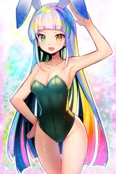 Rule 34 | 1girl, animal ears, anmita (rarutos), arm up, breasts, cleavage, collarbone, commentary request, cowboy shot, fake animal ears, green eyes, green leotard, hand on own hip, heterochromia, hime cut, leotard, long hair, looking at viewer, medium breasts, multicolored hair, open mouth, original, playboy bunny, rabbit ears, rainbow hair, smile, solo, white hair, yellow eyes