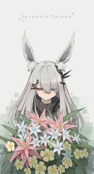 Rule 34 | 1girl, absurdres, animal ear fluff, animal ears, arknights, bouquet, closed eyes, closed mouth, commentary, english text, facing viewer, flower, frostnova (arknights), grey hair, hair between eyes, hair ornament, hairclip, highres, holding, holding bouquet, holding flower, long hair, pink flower, rabbit ears, rabbit girl, scar, scar on face, scar on nose, smile, solo, togekk0, turtleneck, upper body, white flower, yellow flower