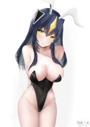 Rule 34 | 1girl, absurdres, animal ears, black hair, black leotard, breasts, covered navel, fake animal ears, hair ornament, highleg, highleg leotard, highres, kaijuu, large breasts, leotard, personification, playboy bunny, rabbit ears, sex leees13, solo, strapless, strapless leotard, ultra kaijuu gijinka keikaku, ultra series, yellow eyes, zetton