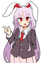 Rule 34 | 1girl, animal ears, black jacket, blazer, blush, buttons, collared shirt, hair between eyes, ini (inunabe00), jacket, light purple hair, long hair, long sleeves, necktie, open mouth, pink skirt, pleated skirt, rabbit ears, red eyes, red necktie, reisen udongein inaba, shirt, simple background, skirt, smile, solo, touhou, upper body, white background, white shirt