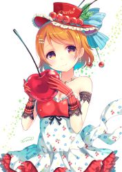 Rule 34 | 10s, 1girl, bad id, bad pixiv id, bare shoulders, breasts, brown eyes, brown hair, cherry, cherry print, cleavage, dress, earrings, elbow gloves, food, food print, fruit, gloves, hat, jewelry, koizumi hanayo, long sleeves, love live!, love live! school idol festival, love live! school idol project, necklace, nunucco, print dress, red gloves, short hair, small breasts, smile, solo, strapless, strapless dress