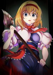 Rule 34 | 1girl, alice margatroid, anger vein, axe, belt, black background, blonde hair, blood, blood on clothes, blood on face, bloody weapon, blue dress, blue eyes, breasts, capelet, commentary request, crazy, dress, grey background, hair between eyes, hairband, hand up, highres, kana (user rkuc4823), looking at viewer, medium breasts, necktie, open mouth, puffy short sleeves, puffy sleeves, rain, red belt, red hairband, red necktie, shirt, short hair, short sleeves, solo, standing, tongue, touhou, weapon, white capelet, white shirt