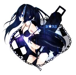 Rule 34 | 10s, 1girl, absurdres, ai 1003, bad id, bad pixiv id, belt, bikini, bikini top only, black hair, black rock shooter, black rock shooter (character), blue eyes, chain, coat, front-tie top, glowing, glowing eyes, highres, long hair, midriff, navel, open fly, shorts, solo, swimsuit, twintails, unzipped