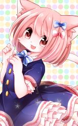 Rule 34 | :3, animal ear fluff, animal ears, blue bow, body fur, bow, bowtie, cat, cat ears, cat girl, cat tail, commentary request, dotted background, dress, fang, furry, furry female, hair bow, hakuari (hina), looking at viewer, open mouth, original, pink bow, pink eyes, pink hair, puffy short sleeves, puffy sleeves, short sleeves, solo, tail
