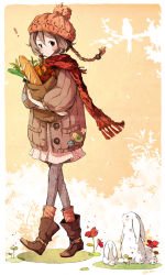 Rule 34 | !, 1girl, apple, bag, baggy clothes, baguette, boots, bread, brown eyes, rabbit, carrot, fashion, flower, food, fruit, groceries, hat, joanna (mojo!), original, pantyhose, sad, scarf, shopping, shopping bag, short hair, skirt, solo, spring onion, traditional media, vegetable, walking, watermark