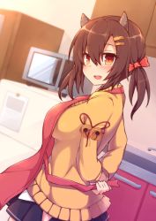 Rule 34 | 1girl, :d, animal ears, azur lane, bad id, bad pixiv id, bell, black skirt, blush, bow, breasts, brown eyes, brown hair, cardigan, commentary request, dutch angle, faucet, hair between eyes, hair bow, hair ornament, hairclip, indoors, jingle bell, long hair, looking away, looking to the side, low twintails, medium breasts, microwave, miniskirt, nagara (azur lane), open mouth, pleated skirt, red bow, refrigerator, shinopoko, side slit, skirt, smile, solo, teeth, twintails, upper teeth only