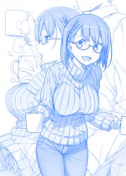 Rule 34 | 1boy, 1girl, ai-chan (tawawa), blue theme, braid, breasts, cup, denim, getsuyoubi no tawawa, glasses, head out of frame, himura kiseki, holding, holding cup, jeans, large breasts, leaning on person, monochrome, mug, multiple views, open mouth, original, pants, profile, ribbed sweater, semi-rimless eyewear, short hair, side braid, smile, steam, sweater, turtleneck