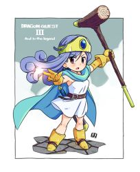 Rule 34 | 1girl, blue cape, blue eyes, boots, border, cape, character request, dragon quest, dragon quest iii, dress, elbow gloves, full body, gloves, hammer, holding, holding hammer, long hair, looking at viewer, magic, mawaru (mawaru), purple eyes, sheath, sheathed, solo, standing, strapless, strapless dress, sword, weapon, white border, white dress, yellow footwear, yellow gloves