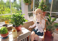 Rule 34 | 1girl, ahoge, blonde hair, blue eyes, blush, book, braid, chair, collarbone, crossed legs, cup, elf, from above, highres, indoors, long hair, looking at viewer, miniskirt, original, pale skin, plant, pointy ears, potted plant, shirt, sitting, skirt, solo, sunako (veera), tea, twin braids, unbuttoned, white shirt, window