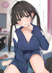 Rule 34 | 1girl, ahoge, barefoot, between legs, black hair, blunt bangs, blurry, blurry background, blush, breasts, brown eyes, brown hair, cellphone, charger, cleavage, clock, hair intakes, hand between legs, hand to own mouth, highres, jacket, large breasts, long sleeves, looking at viewer, monitor, mouse (computer), mousepad (object), on bed, open mouth, original, panties, panty peek, phone, pink panties, shorts, sitting, sleeves past wrists, smartphone, solo, sweatdrop, track jacket, uiri-na, underwear, unzipped, wall clock