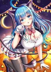 Rule 34 | 1girl, :o, ahoge, animal ear fluff, animal ears, black corset, black thighhighs, blue eyes, blue hair, blue haired devil girl (ryopa), blush, breasts, buttons, cat ears, cleavage, collarbone, corset, crescent moon, demon tail, dress, fake animal ears, frilled dress, frills, gloves, halloween, huge ahoge, jack-o&#039;-lantern, large breasts, long hair, moon, neck ribbon, night, night sky, original, pink ribbon, pleated skirt, ribbed dress, ribbon, ryopa, signature, skirt, sky, solo, star (sky), tail, thighhighs, white gloves, white skirt