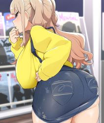 Rule 34 | 1girl, ass, bebebe (pepegakii), blue eyes, breasts, curvy, denim, denim skirt, from behind, highres, huge ass, huge breasts, kousaka airi (bebebe), light brown hair, long hair, magazine rack, oppai loli, original, shirt, short twintails, shortstack, skirt, skirt rolled up, sleeves past wrists, solo, suspenders, thick thighs, thighs, twintails, wide hips, yellow shirt