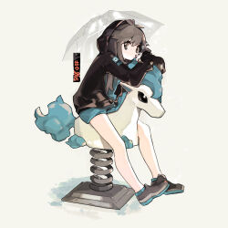 Rule 34 | 1girl, alternate color, aqua shorts, bare legs, black hoodie, brown hair, bubble, blowing bubbles, character name, commentary, creatures (company), game freak, gen 1 pokemon, green (pokemon), holding, hood, hood up, hoodie, lillin, long hair, long sleeves, looking to the side, nintendo, pokemon, pokemon lgpe, ponyta, shiny pokemon, shoes, shorts, sitting, solo, spring rider, umbrella