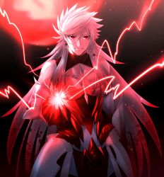 Rule 34 | 1boy, absurdres, alternate design, alternate hair color, animal ears, blood, blood on clothes, blood on hands, blood stain, earrings, evil smile, fate/grand order, fate (series), highres, jewelry, lightning bolt symbol, long hair, male focus, moon, onasu (sawagani), red moon, romulus quirinus (fate), smile, solo, tail, upper body, very long hair, wolf boy, wolf ears, wolf tail